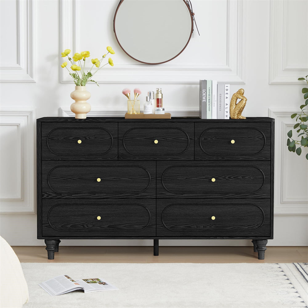 Black Mid Century Modern 7 Drawer Fluted Dresser Wood Storage Cabinet