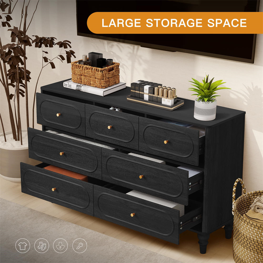 Black Mid Century Modern 7 Drawer Fluted Dresser Wood Storage Cabinet