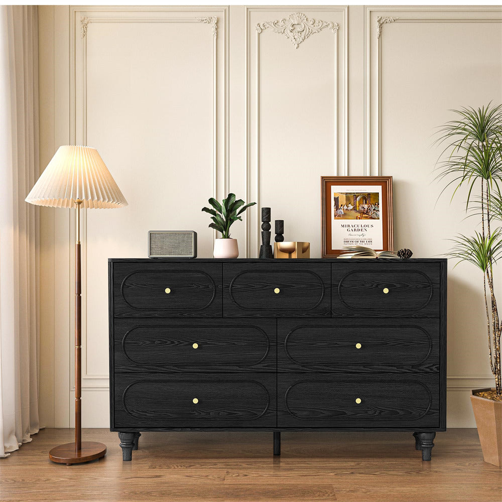 Black Mid Century Modern 7 Drawer Fluted Dresser Wood Storage Cabinet