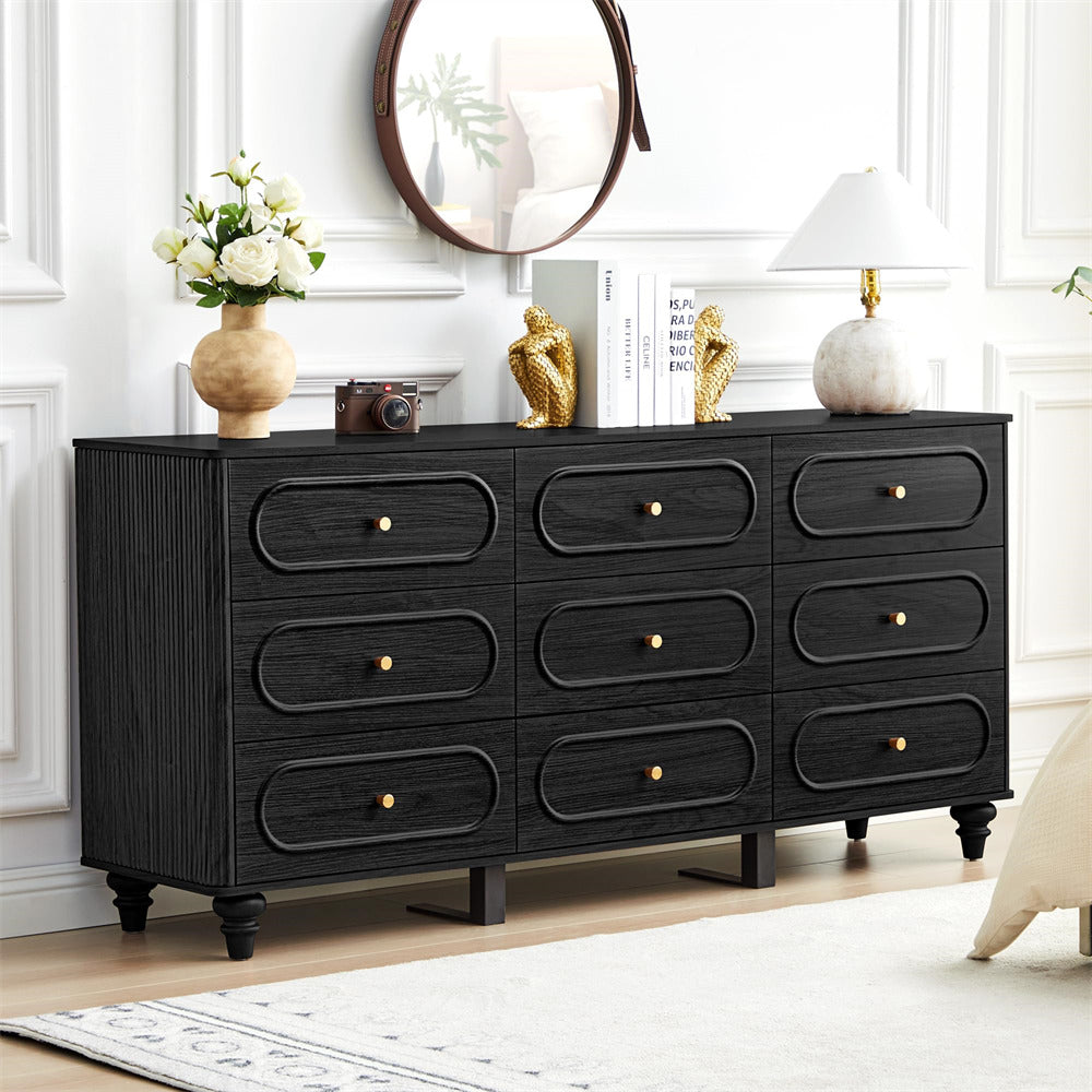 Black Mid Century Modern 9 Drawer Fluted Dresser Wood Storage Cabinet