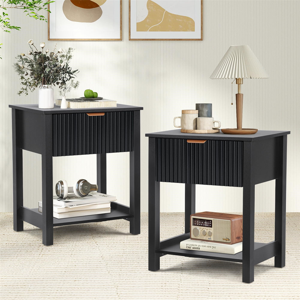 Black Mid Century Modern Farmhouse Fluted Nightstand Small End Table with Drawer and Storage