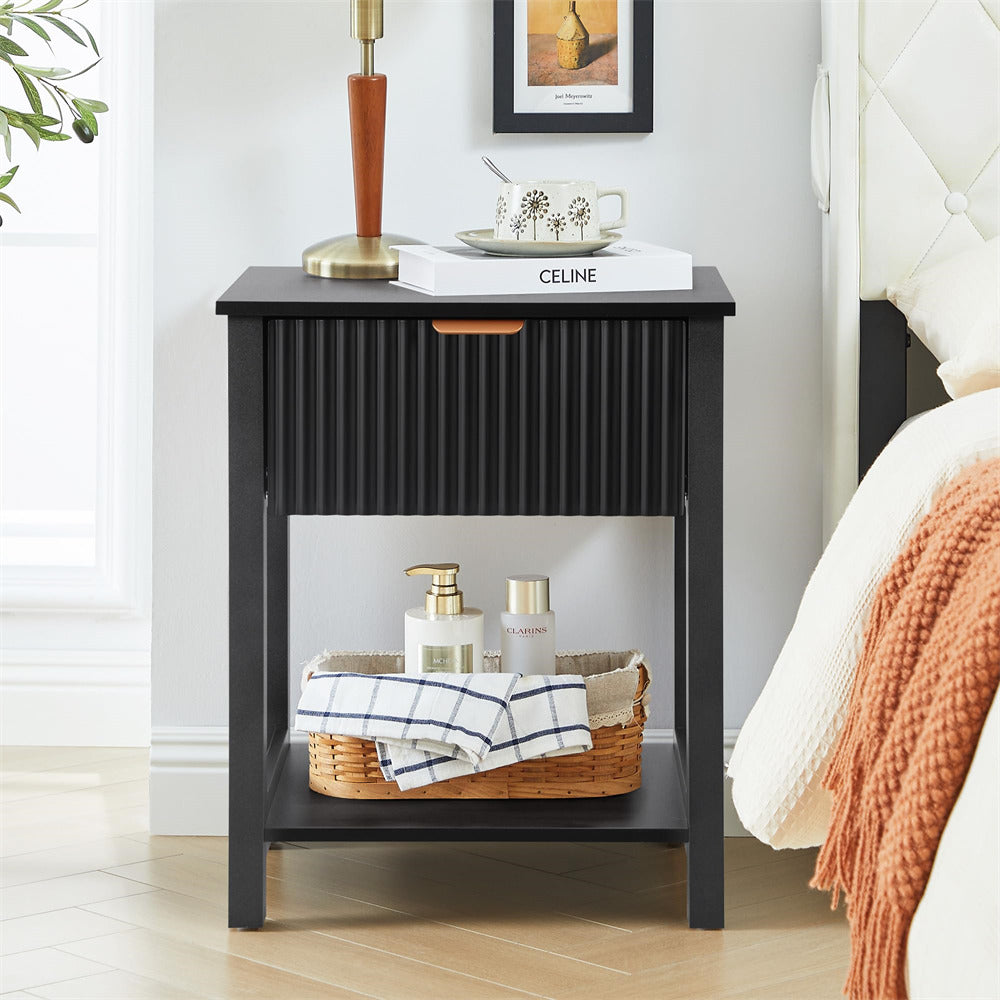 Black Mid Century Modern Farmhouse Fluted Nightstand Small End Table with Drawer and Storage