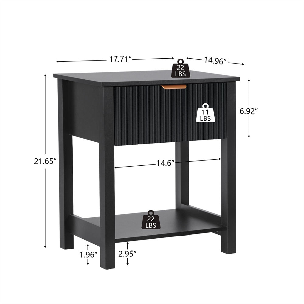 Black Mid Century Modern Farmhouse Fluted Nightstand Small End Table with Drawer and Storage