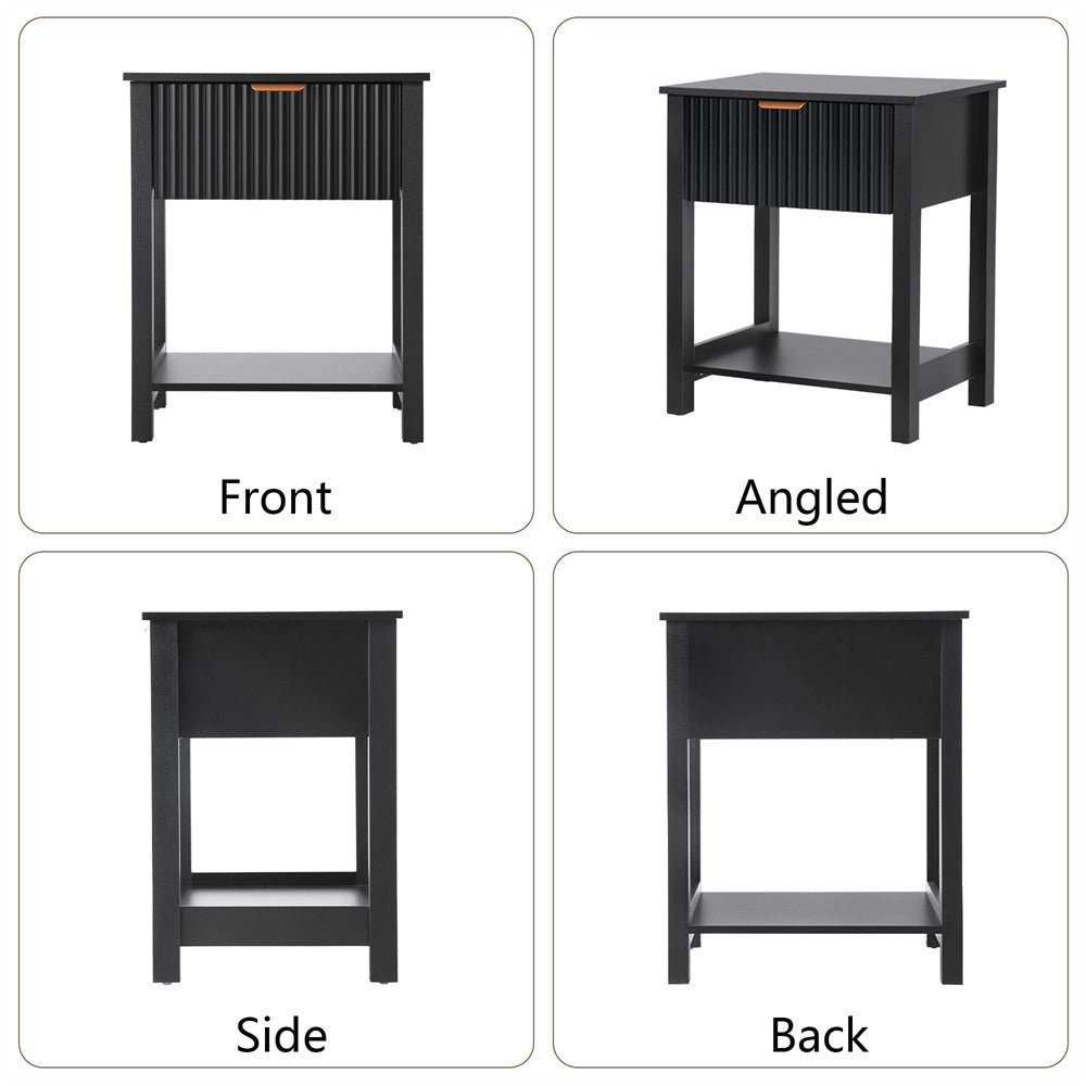Black Mid Century Modern Farmhouse Fluted Nightstand Small End Table with Drawer and Storage