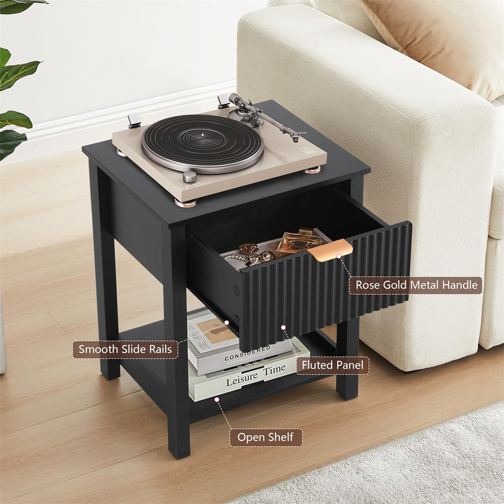 Black Mid Century Modern Farmhouse Fluted Nightstand Small End Table with Drawer and Storage