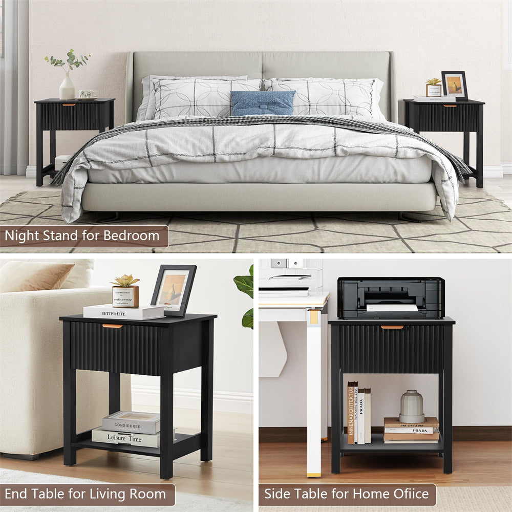 Black Mid Century Modern Farmhouse Fluted Nightstand Small End Table with Drawer and Storage