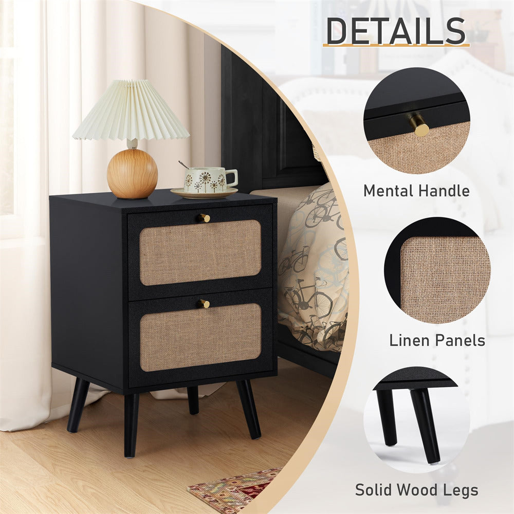 Black nightstand with linen panels and solid wood legs in a bedroom setting