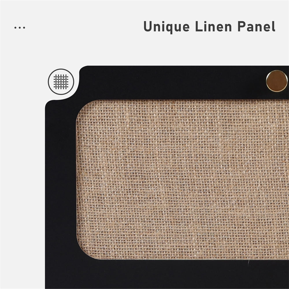 Textured linen panel with a black frame and gold accent on a white background