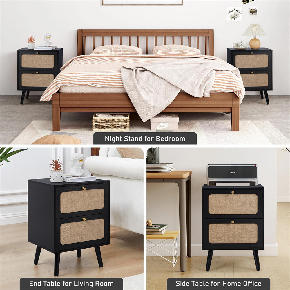 Collage of bedroom furniture including a bed, nightstands, and end tables.