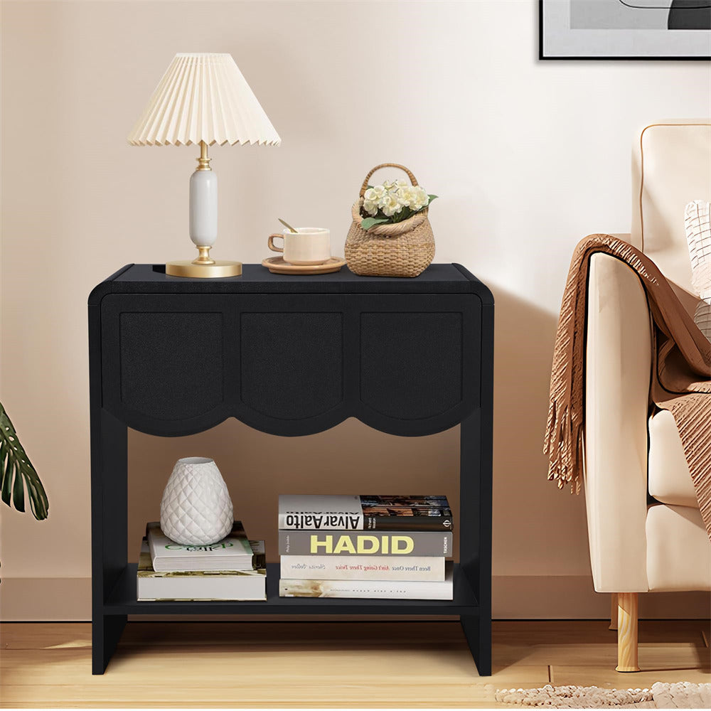 Black Mid Century Modern Farmhouse Wood Nightstand with Wave Panel Drawer