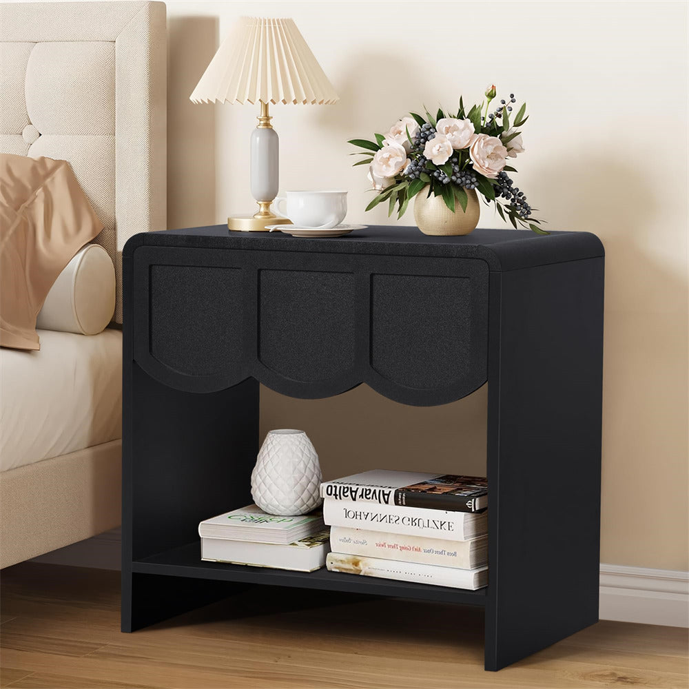 Black Mid Century Modern Farmhouse Wood Nightstand with Wave Panel Drawer