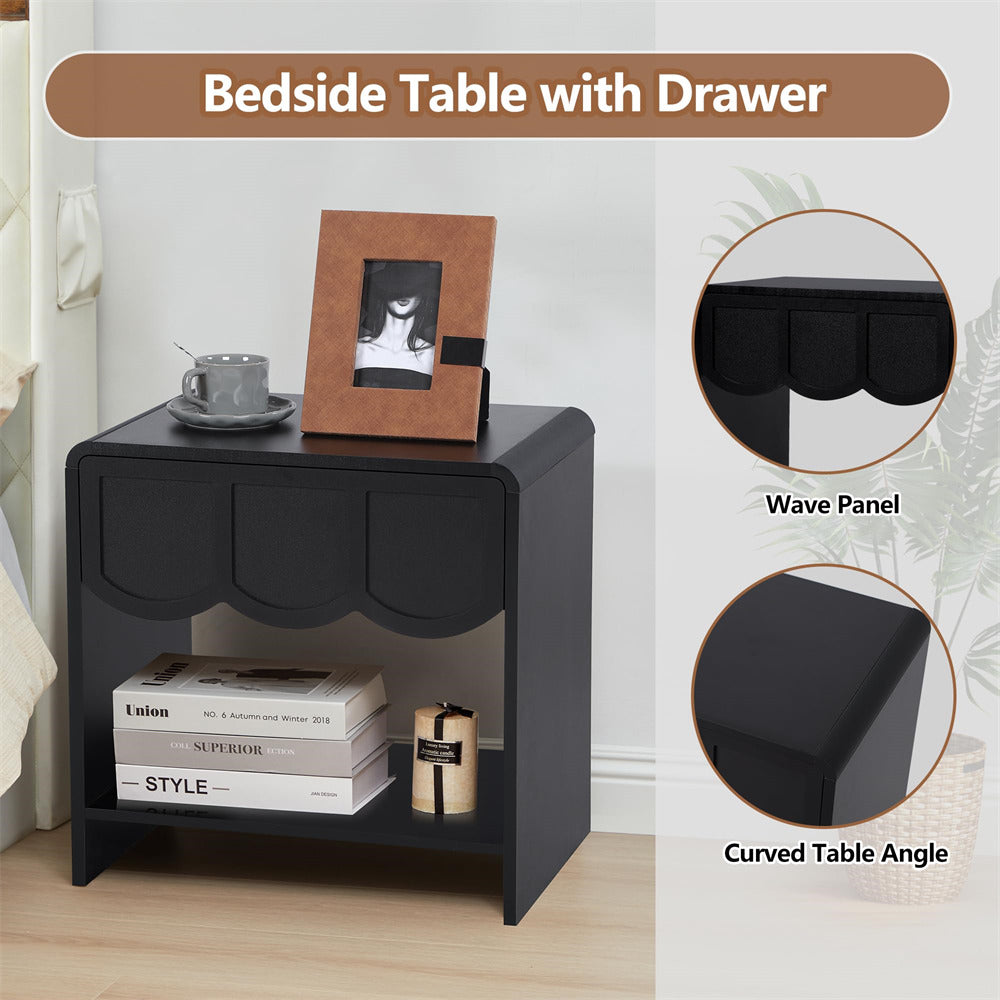 Black Mid Century Modern Farmhouse Wood Nightstand with Wave Panel Drawer