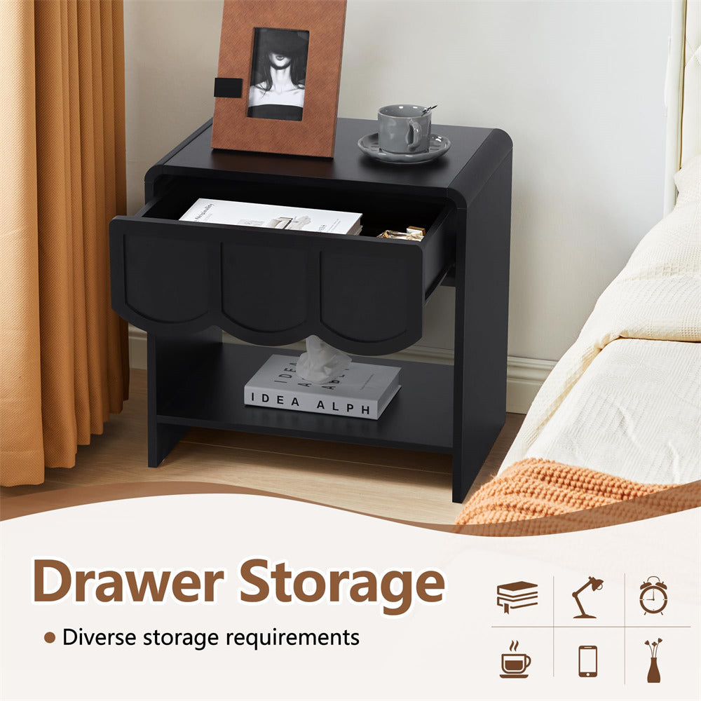 Black Mid Century Modern Farmhouse Wood Nightstand with Wave Panel Drawer
