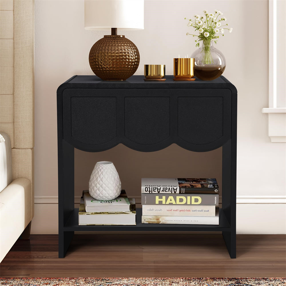 Black Mid Century Modern Farmhouse Wood Nightstand with Wave Panel Drawer