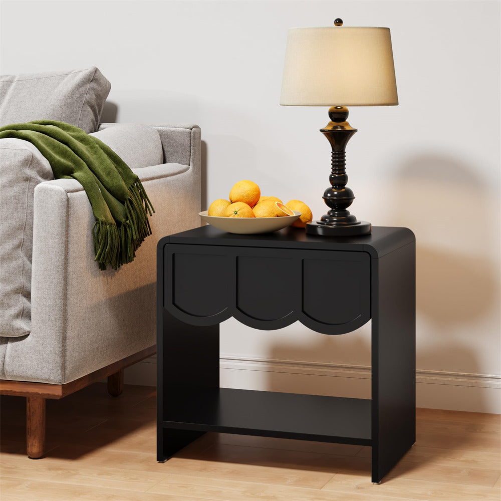 Black Mid Century Modern Farmhouse Wood Nightstand with Wave Panel Drawer