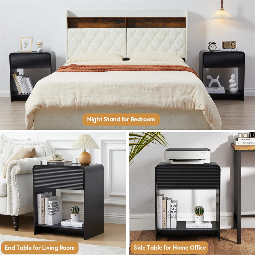 Collage of night stands, end tables, and side tables with text labels for bedroom, living room, and home office.
