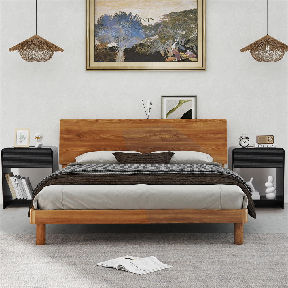 Wooden bed in a bedroom with decor elements