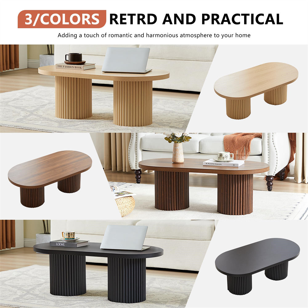 Collage of a wooden coffee table in various colors with text about home decor.