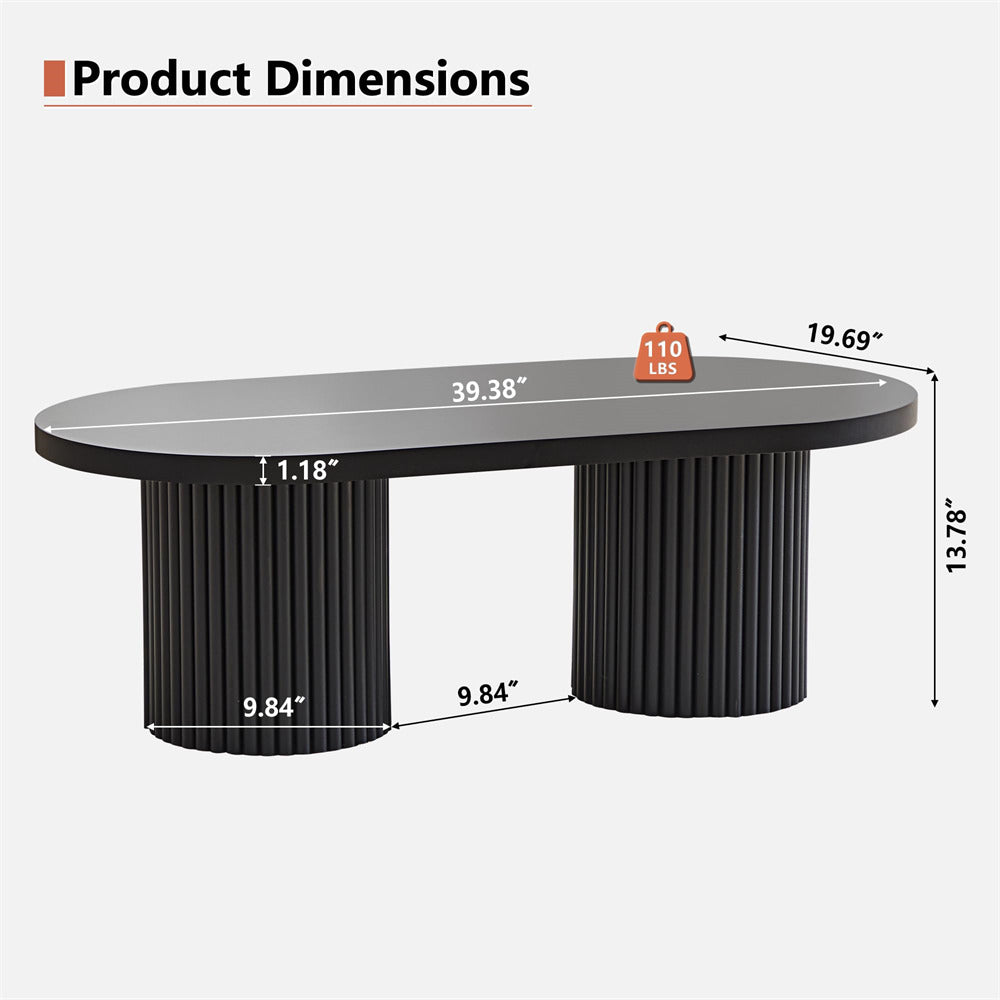 Measurement chart of a black coffee table with dimensions and weight label.