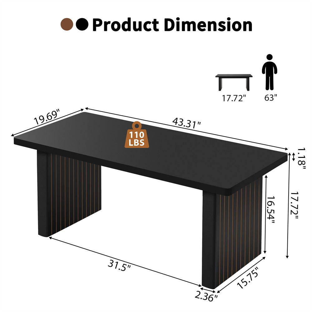 Measurement chart of a black desk with dimensions and weight capacity indicated.
