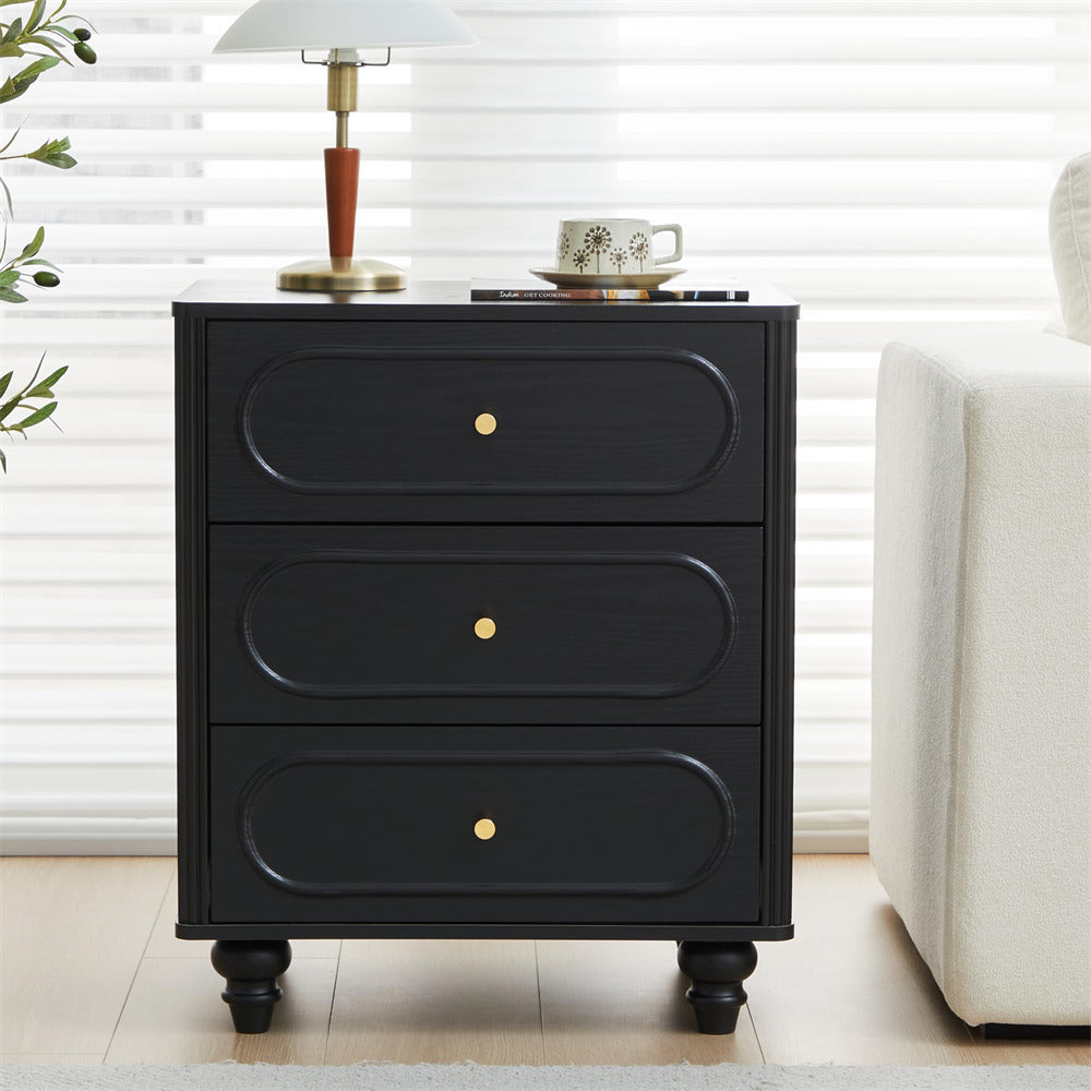 Black Mid Century Modern Wood Chest of Drawers 3 Drawer Fluted Dresser
