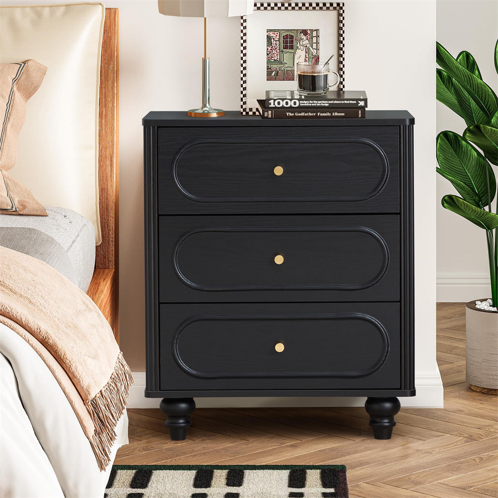 Black Mid Century Modern Wood Chest of Drawers 3 Drawer Fluted Dresser