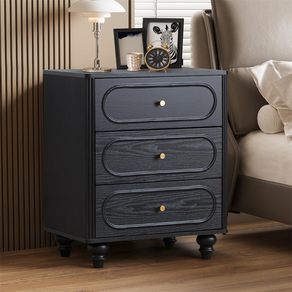 Black Mid Century Modern Wood Chest of Drawers 3 Drawer Fluted Dresser