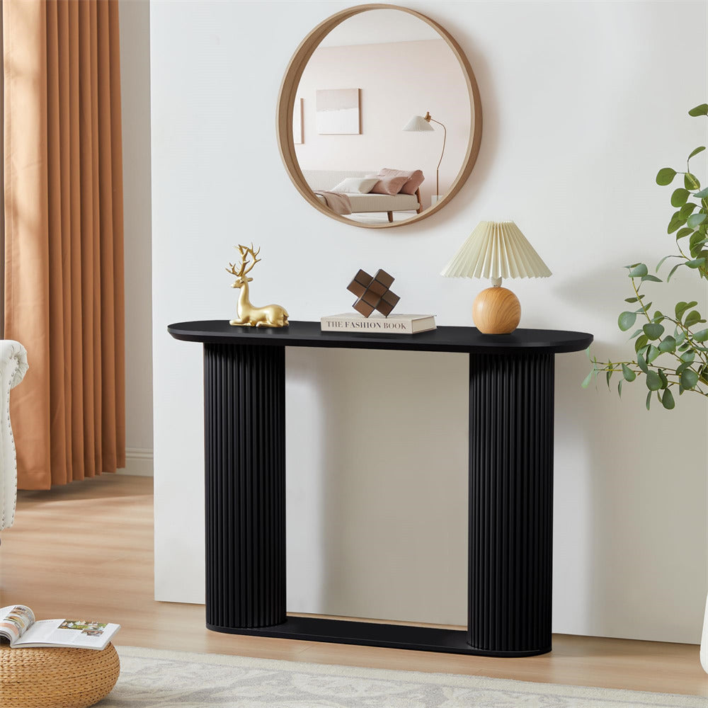 Black Mid Century Oval Fluted Entryway Console Table with Storage Shelf