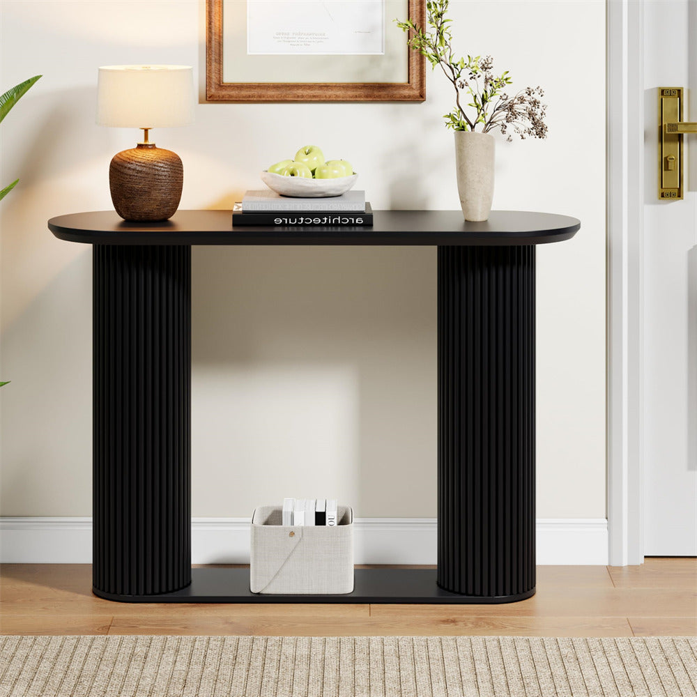 Black Mid Century Oval Fluted Entryway Console Table with Storage Shelf
