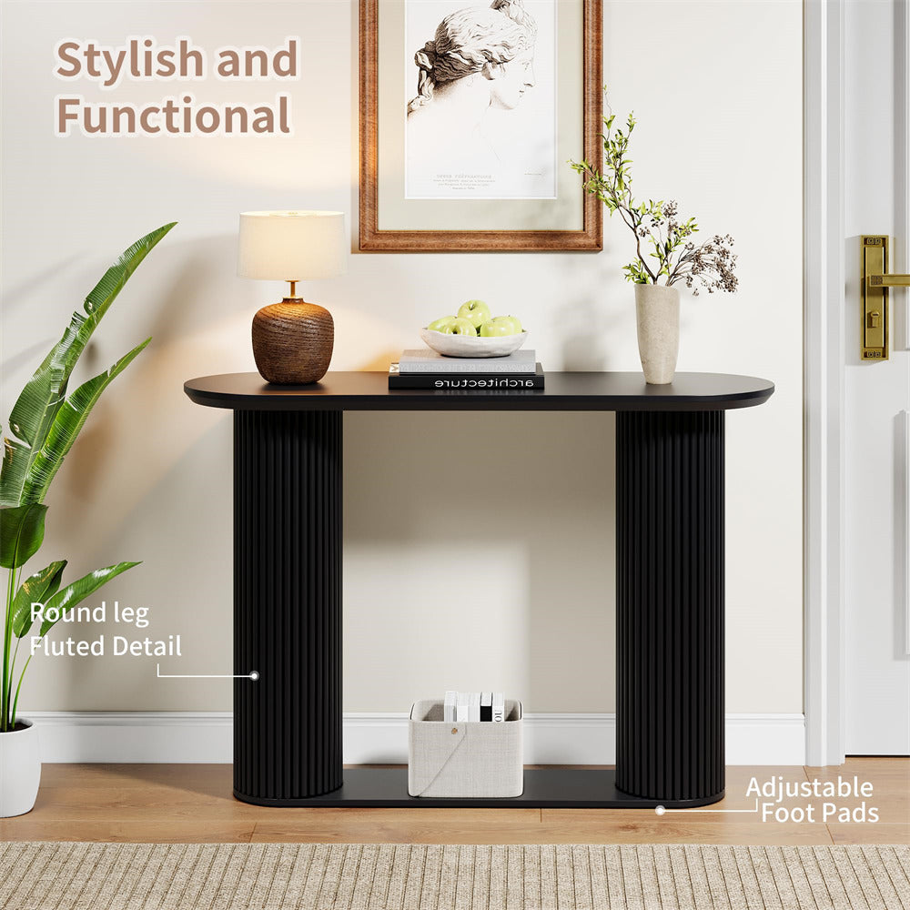 Black Mid Century Oval Fluted Entryway Console Table with Storage Shelf