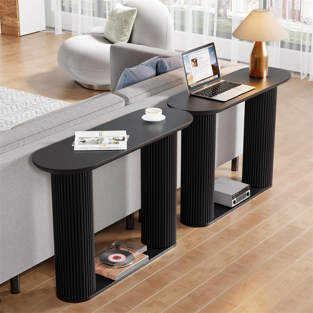 Black Mid Century Oval Fluted Entryway Console Table with Storage Shelf