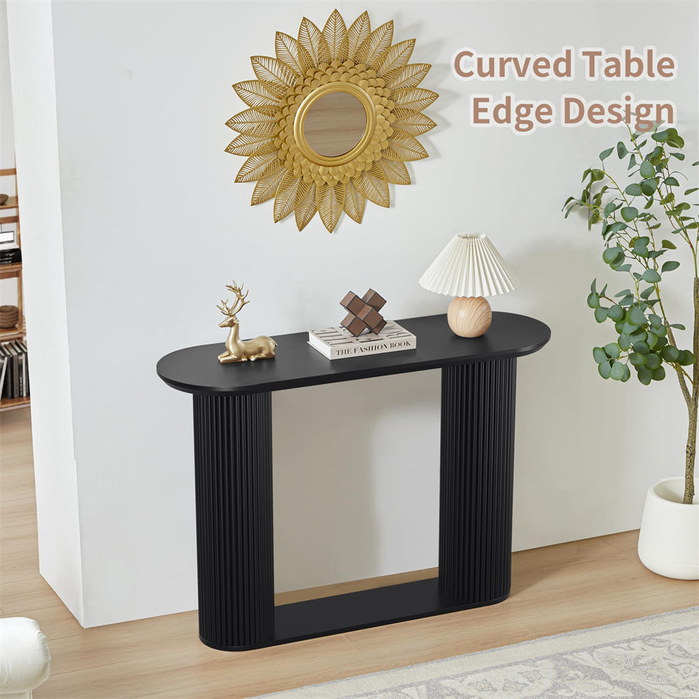 Black Mid Century Oval Fluted Entryway Console Table with Storage Shelf