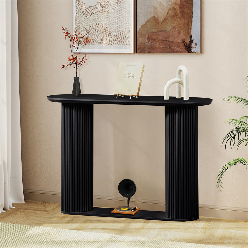 Black Mid Century Oval Fluted Entryway Console Table with Storage Shelf