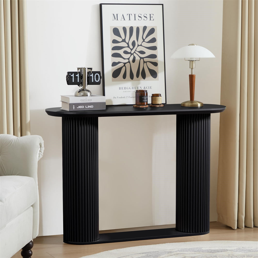 Black Mid Century Oval Fluted Entryway Console Table with Storage Shelf