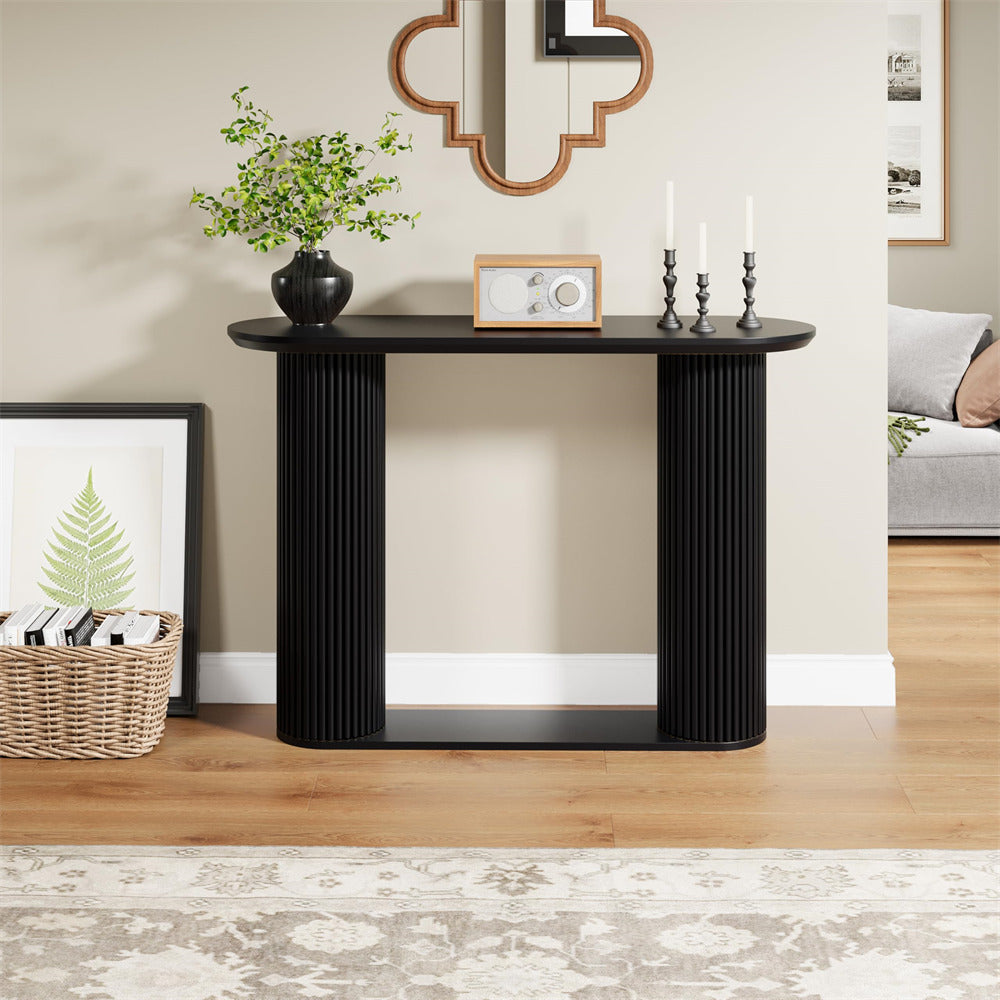 Black Mid Century Oval Fluted Entryway Console Table with Storage Shelf