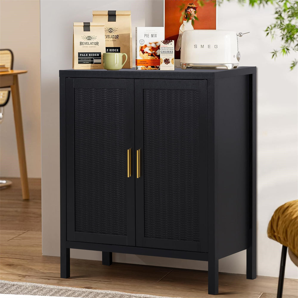 Black Mid Century Rattan Sideboard Storage Cabinet with 2 Doors and 2 Shelves