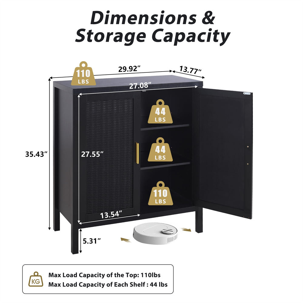 Black Mid Century Rattan Sideboard Storage Cabinet with 2 Doors and 2 Shelves