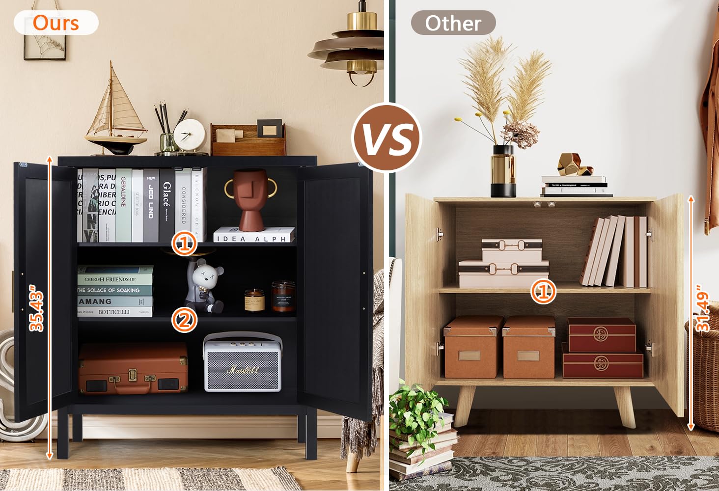 Black Mid Century Rattan Sideboard Storage Cabinet with 2 Doors and 2 Shelves