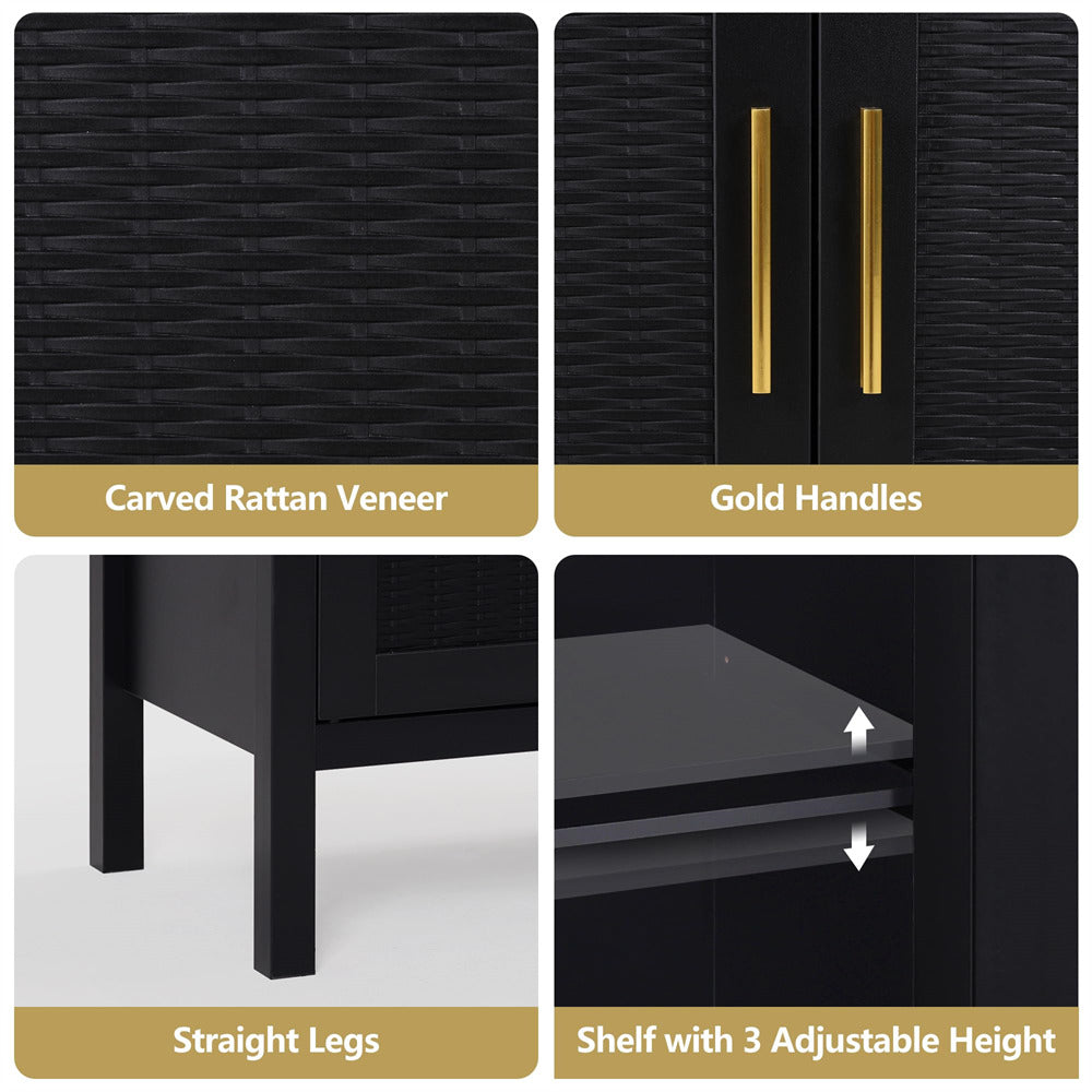 Black Mid Century Rattan Sideboard Storage Cabinet with 2 Doors and 2 Shelves