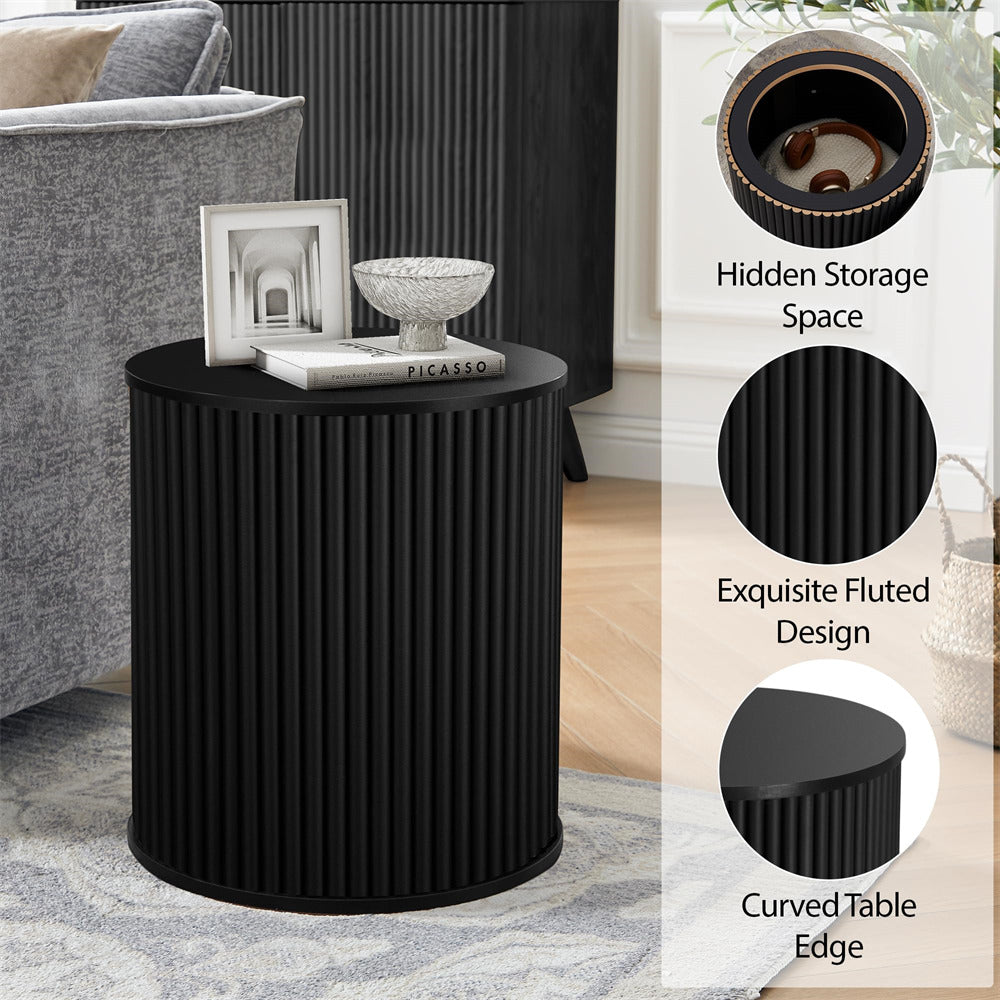 Black side table with fluted design in a living room setting, featuring hidden storage space and exquisite fluted design.