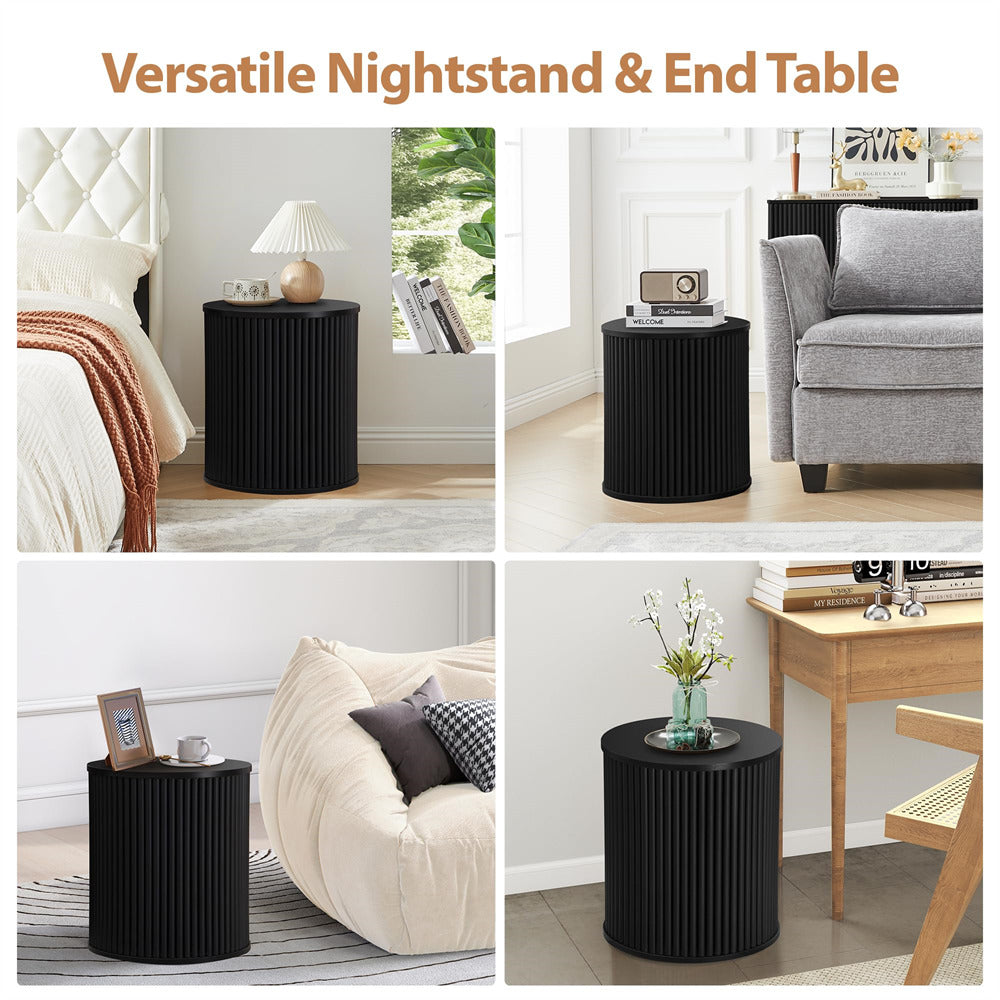 Black nightstand and end table in various room settings