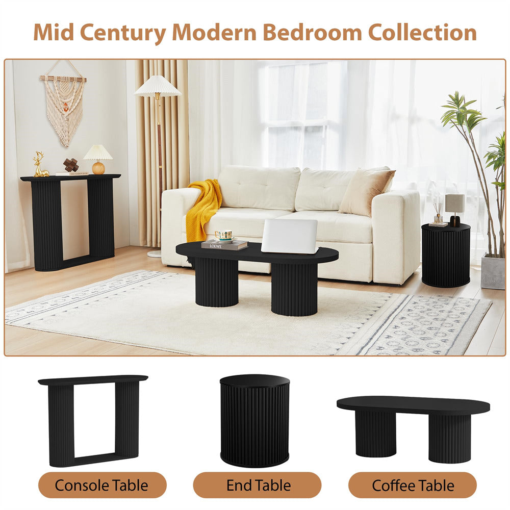 Modern bedroom setup with furniture including a sofa, console table, end table, and coffee table.