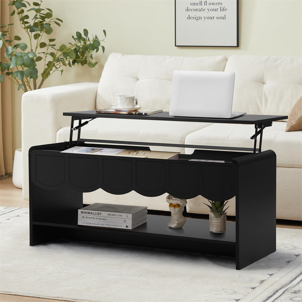 Black coffee table with lift-top design in a living room setting