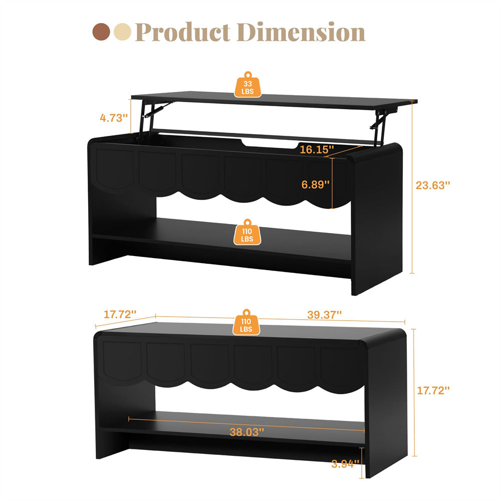 Dimensions of a black folding table with scalloped edges on a white background