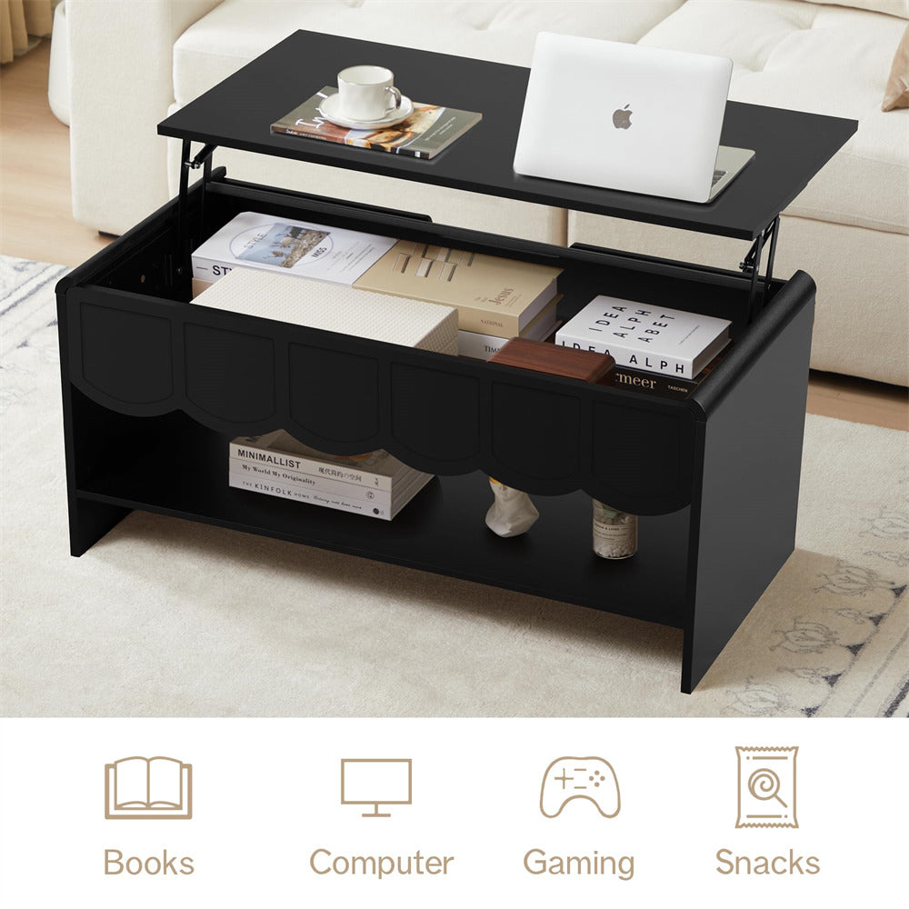 Black lift-top coffee table with books, a computer, and snacks in a living room setting.