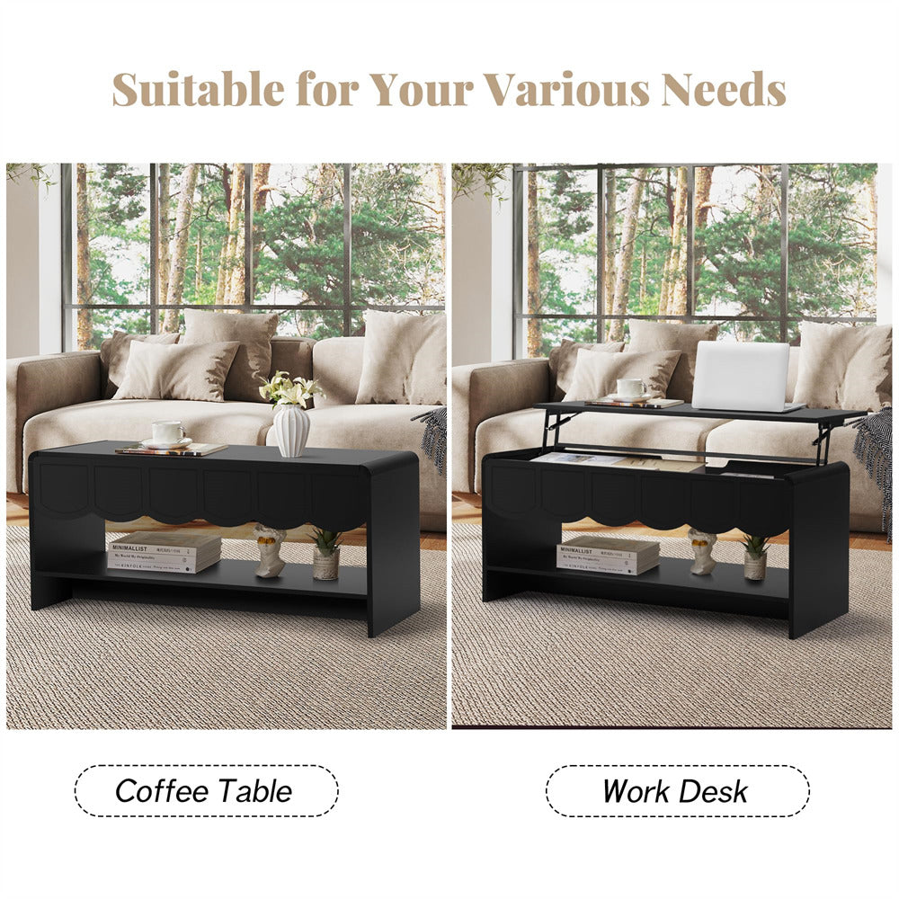 Black coffee table and work desk in a living room setting with a sofa and large windows.