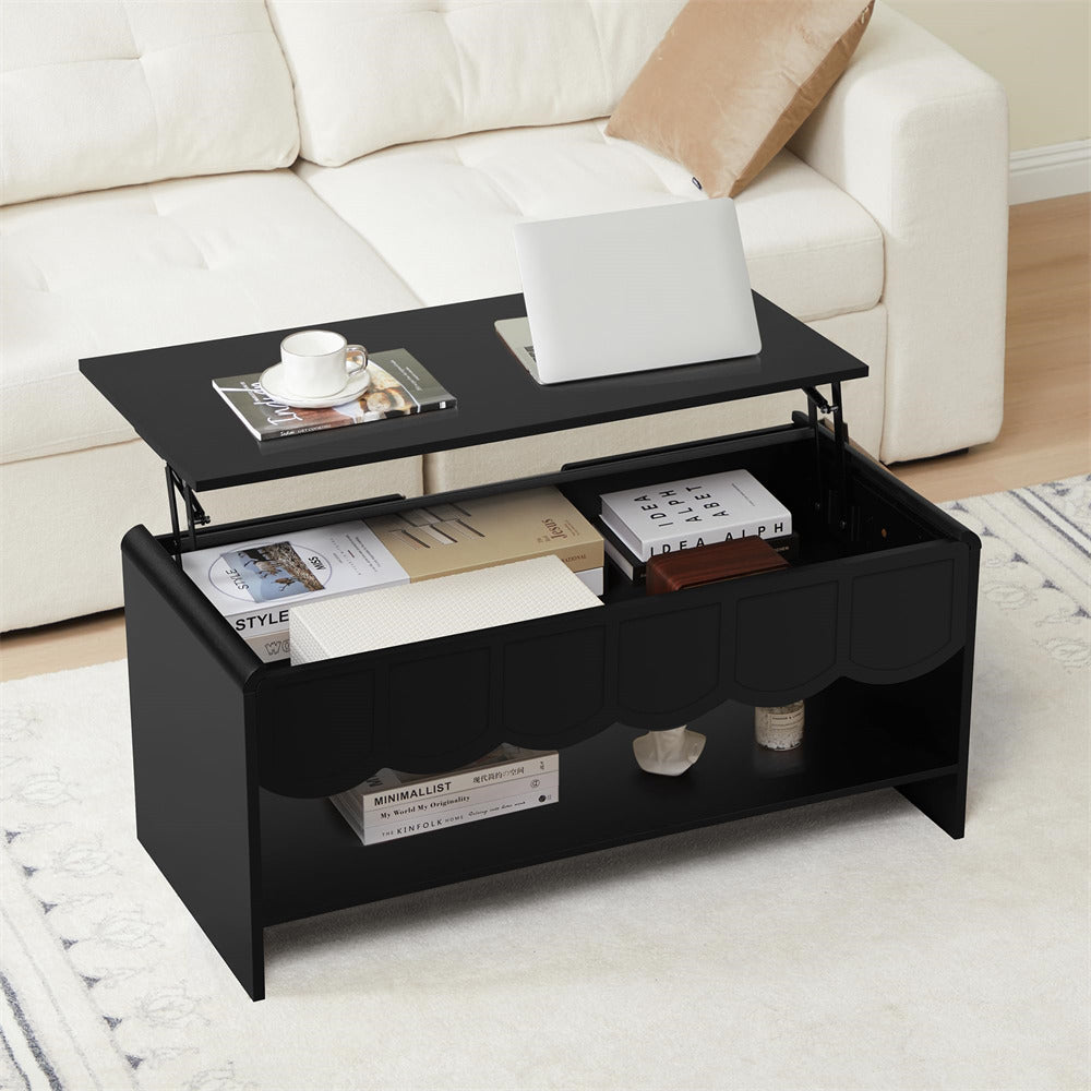 Black lift-top coffee table with items on top in a living room setting