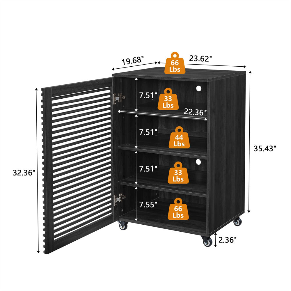 Black storage cabinet with dimensions and weight indicators on a white background