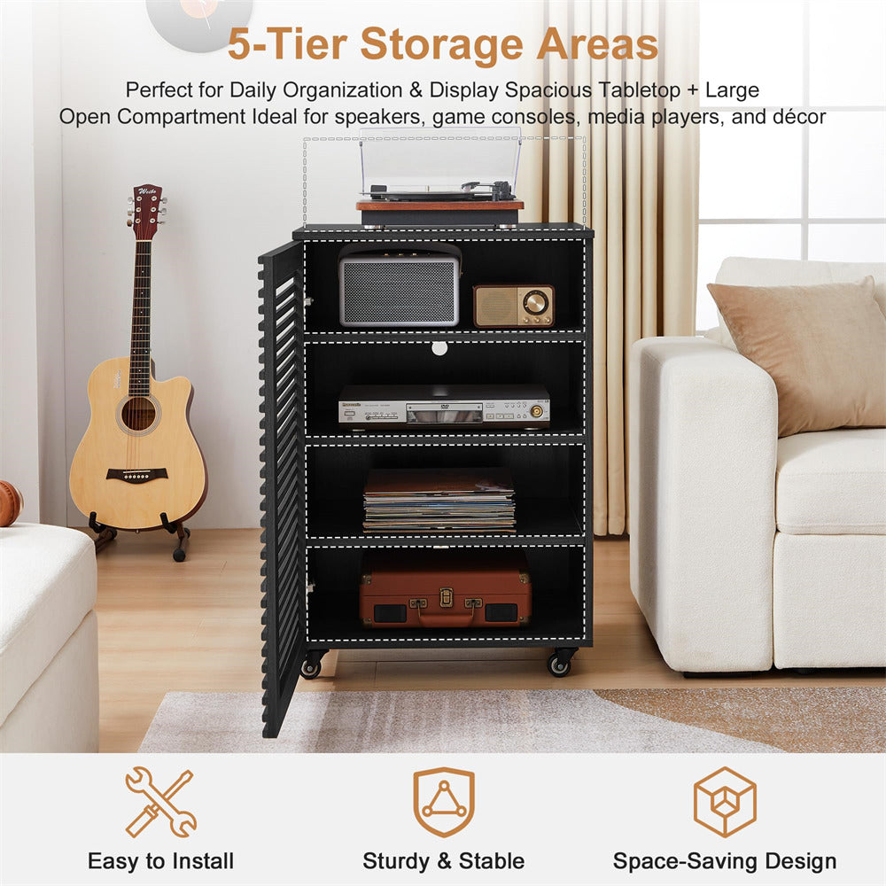 Black metal storage cabinet with multiple shelves in a living room setting, featuring text about its features.