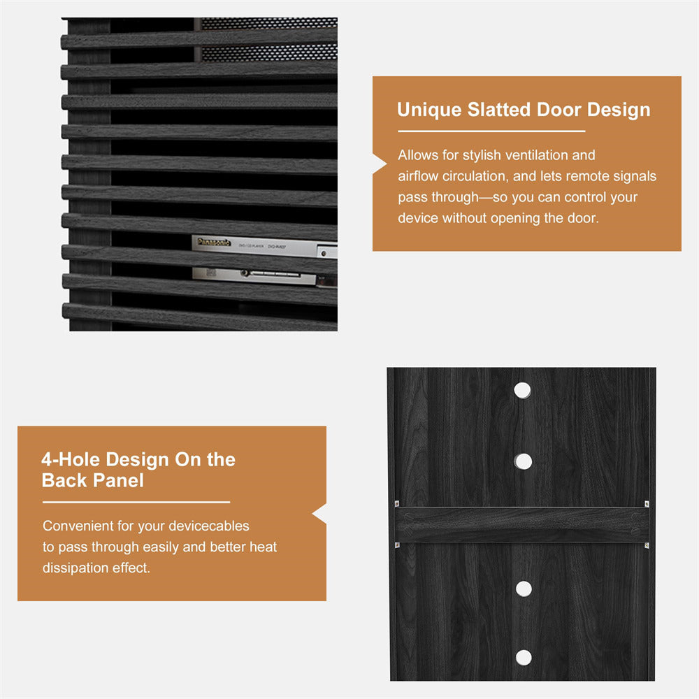 Black slatted door design with text on a white background